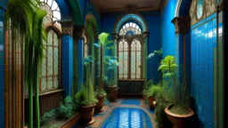 Room clad in cobalt blue and terracotta tiles, thin copper pipes snaking along the walls like metallic vines, narrow tunnels lined with feathery ferns, cement tiles with botanical motifs in shades of brown and turquoise, shiny conduits entwined with delicate vegetation, circular openings connecting secret spaces, industrial art nouveau style