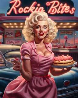 A hyper-realistic digital painting in an ultra-wide 2.39:1 cinematic aspect ratio depicts "Rockin’ Bites Drive-In" during golden hour, showcasing Marilyn Monroe as the central figure. She is a radiant blonde with perfect platinum curls and vibrant red lipstick, clad in a crisp pink waitress uniform and a frilly apron, gracefully balancing a tray loaded with classic burgers and creamy milkshakes. Elvis Presley, in a pristine diner cook outfit, stands confidently behind the grill, flipping burgers
