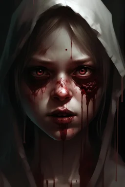 A horror digital portrait of a praying blind girls with gloomy eyes and bleeding mouth