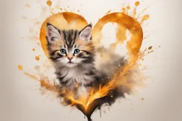 double exposure, merged layers, kitten with dynamically blazing fire in ochre, ink splatter art, watercolor and ink, golden glitters, double exposure heart and love