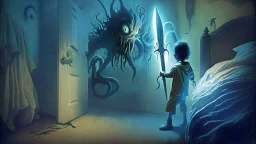 a lovecraftian alien overlord emerges from a child's bedroom closet while a courageous child wields a magical sword