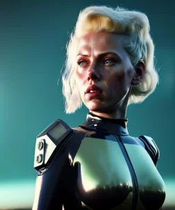 retro sci-fi portrait image from 1990, supermarket parking explosion, fire, scared people, blonde woman walking, young Scarlett Johansson face, tight latex suit, soft color, highly detailed, unreal engine 5, ray tracing, RTX, lumen lighting, ultra detail, volumetric lighting, 3d, finely drawn, high definition, high resolution.