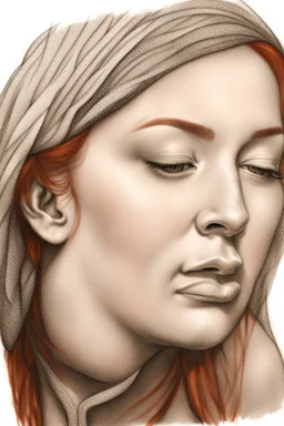 dibujo en grafito realista de rostro mujer 35 años nariz prominente aguileña gordita pelo rojo suelto ojos cerrados de frente plano picado rasgos definidos boca cerrada