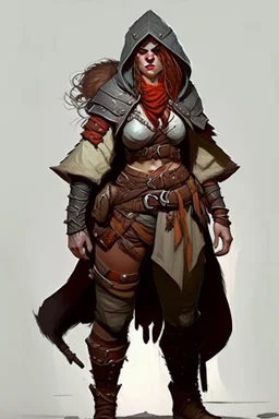 female barbarian dnd character wearing pants and hood