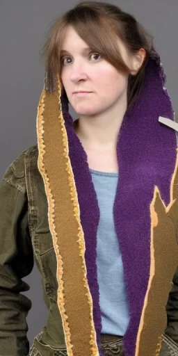 Image shows wholly a young Brunette woman. average body type. Mantle is sewed of recycled Denim and sewed together of camouflage pieces. Camouflage colors are orange,terracotta, cream and purple. Cream latex gaiter. More yellow(Munsell)!!!Big bright purple/khaki felt tippet and cream or blue or lilac colored-hood. mantle is merged with satchel. . AKG-style headphones (gold rings!) is merged with small felt cap with small visor. Style: Haute Couture in 1936, Paris fashion in 2023.