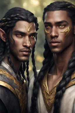 twenty-three-year-old elven man fare skin with golden eyes and long black hair next to a twenty-five-year-old elven woman with black skin and braided hair.