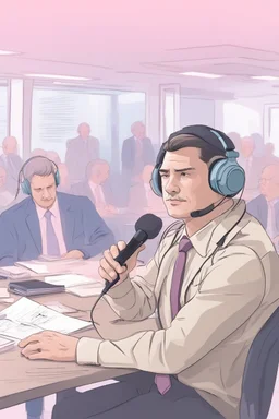 A simultaneous interpreter is sitting at a table with headphones with a microphone on his headphones at a foreign briefing, the background is blurred, everything is in pastel colors,