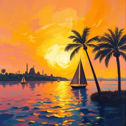 Impressionist landscape painting. Wide angle shot. A majestic sunset over the serene Nile River, with ancient Egyptian temples and felucca sailboats in the distance. Low angle shot. Dreamy, expressive brushstrokes, à la Jeremy Mann and Carne Griffiths. Warm golden light dancing across the rippling water. Soft, feathery palm trees silhouetted against the vibrant orange sky. Golden hour glow with hues of pink and purple. Best quality, highly detailed, captivating atmosphere. Impressionist masters,