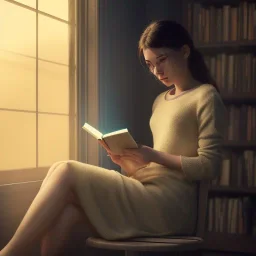 Study girl read a book in by the window, movie, real photo realistic, unreal engine, cinematic lighting --ar 1:1 creative