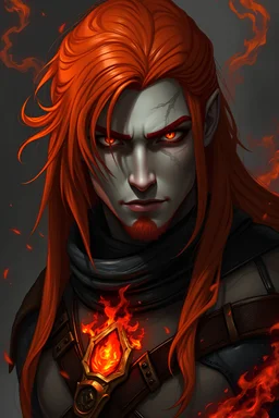 fire genasi, male, long red hair, gray skin, amber eyes, ranger