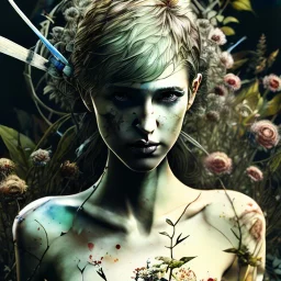 singer Danish MØ face,Style Yoji Shinkawa, watercolor illustration , Dryad, plants, wildflower,