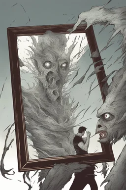 a man looking into a shattered mirror and seeing a horrifying, abstract deranged monster in his reflection
