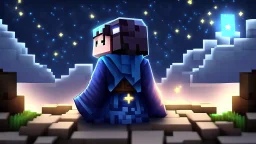 Minecraft Character, minecraft theme, purple starry sky, meditating, facing back, wearing gown, chinese theme,