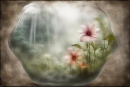 flowers, blur 5%, double exposure, merged layers, in the first part (near to us) of the picture you can see a plain sandblown smoked glass, engraved with a folk art pattern, the glass is cracked in several places, in some places the glass is broken, crumpled burlap, through it you can see a tropical rainforest with a waterfall, mist, tooth, sunrise