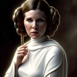 zoomed out stunning photo realistic portrait of carrie fisher as Princess Leia in star wars with photo realistic fine and simple hairstyle, brown eyes, professional majestic photo realistic painting by Ed Blinkey, Atey Ghailan, by Jeremy Mann, Greg Manchess, Antonio Moro, trending on ArtStation, Intricate, High Detail, Sharp focus, dramatic, by greg rutkowski, realism, beautiful and detailed lighting,