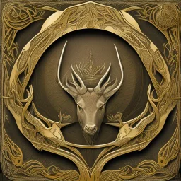 emblem of an elvish forest city with a stag horn on it, very detailed