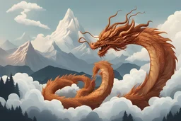 brown chinese dragon flying among wisps of clouds with at alpine mountains, magic swirls and smoke
