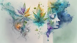 Create a visually captivating water colour sketch that represents the different stages of addiction and recovery, incorporating symbolic imagery of weed, smoke, and crushed weed.