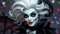 Create Cruella with black and white hair and fairytale multicoloured background