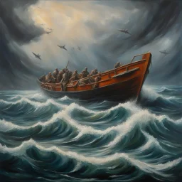 impressionistic matte oil painting, a lifeboat in the middle of the Pacific ocean full of haggard survivors, stark dramatic picture, shark fins circling, dramatic, detailed, dynamic composition, moody