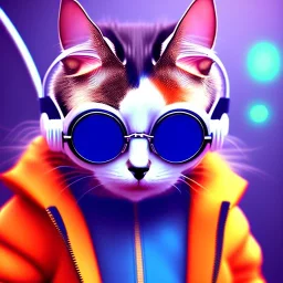 Scottish cat toddler, smile, cyberpunk headphone, sunglass, gangsta neckless, full body, orange puffer jacket, tokio background, dramatic lighting, hyper realistic, unreal engine 5, 16k