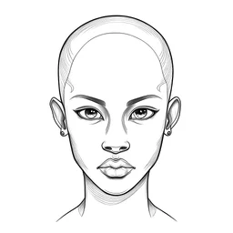 a realistic looking simple vector drawing of a bald 5-11 years old black girl's face drawn with black pencil on white paper for practicing face painting. The black girl doesnt have any hair. 5-11 years old black girl face mock up drawing.