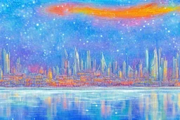 Science fiction city near frozen lake, impressionism painting