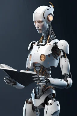 generate a front cover representation of Ai photo realistic attractive full body humanoid bot editing a book and show her holding the book