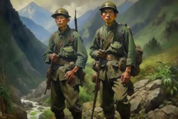 Japanese 1920 oil painting FEDRA from TLOU and the CRM from TWD but as Vietnam men soldiers in the mountains