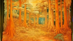 A pale orange fairy realm in a forest designed in Navajo yarn painted by Vincent van Gogh