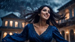 Hyper Realistic Photographic Low-Angle View Of A Beautiful Young Pashto Woman With Beautiful Eyes Lips & Nose (Wearing Beautiful Traditional Navy-Blue Dress Her Beautiful Long Black Hair Whirling In Air) Happily Whirling & Smiling Outside A Fancy Navy-Blue Mansion Heavy Rainfall Night with Thunderstorm Showing Dramatic & Cinematic Ambiance.