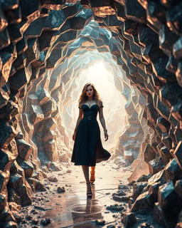 make a picture pretty cave made of crystal and metallic 3d fractal recursive cubic and sphere base structures and a beautiful fashion model lady with cute,with dark cyan decholte top and pretty pleated midi skirt,siver,curvy long hair,makeup, she walks in cave ,dynamic camera fallow her inside cave capturing full body, dynamic lights.