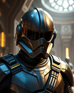 star wars bald male corellian pilot wearing pearlescent black and gunmetal grey First Order special forces heavy assault stealth commando armor and helmet with mirrored visor and gold and metallic red trim inside the jedi temple, hyperdetailed, dynamic lighting, hyperdetailed background, 8k resolution, volumetric lighting, light skin, fully symmetric details