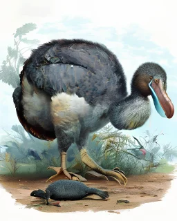 John James Audubon-like illustration of a fully uncropped Dodo bird and a Platypus in a landscape of warm yellows, warm reds, and warm blues