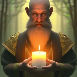 top down medium close up of robed monk with long beard in candle light, Dark fantasy concept art, dynamic lighting, Intricately detailed, Splash screen art, deep color, Unreal Engine, volumetric lighting, blue flowers, moss, leather, creek, flowing water, fantasy dark forest artwork,back light