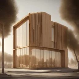 neo modern building inspired by Iranian architecture, furniture. Shiraz city. 3D rendering style, Yazd, Muqrans architecture,organic, photography, perspective, Create a highly image, candid shot, minimalist cafe store front, at morning with foggy, fall, the architecture should feature clean lines