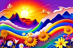 sun, waves, mountains, flowers and rainbow