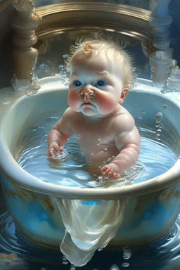 A cherubic infant preciously perched within the confines of a gleaming pristine basin of liquid delightfully immersed in a rambunctious game of water tinkering