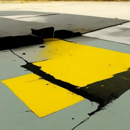 Minimal abstract oil paintings desolate 1960s carpark concrete fragments. Yellow road markings. style of Justin Mortimer and Francis Bacon.