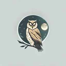 Owl + moon. Logo design minimalist. Soft colors. Dark. Sketch In the style of russian constructivism