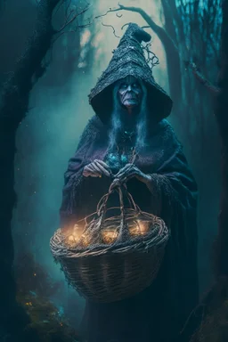 portrait of witch with shiny basket, prehistoric forest, trending art, 8k, depth of field, volumetric fog, hi detail, spray paint