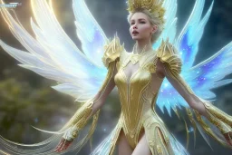  beautiful cosmic fairy, long hair, golden skin, nice smiling, transparent wings, magic glamour make up, delicate colors, beautiful glamour galactique dress, ultra sharp focus, 8k, unreal engine 5, extremely sharp detail, light effect, soft light atmosphere of a spaceship, smooth, full of details, face in front, complete vision of face and hair and body