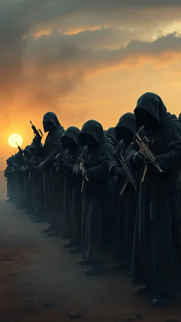 Bosch painting style nightmare , 3D ,a group of prisoners slave in black tied together in line in a guarded by strong soldiers with guns dramatic misty scene of the sunset time in a stormy weather in the desert background, high Quality picture , 8k