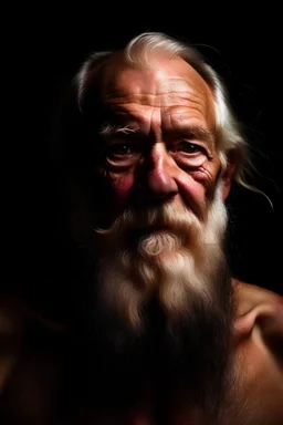 homme de 70 ans sans chemise ni vêtement blanc barbe longue blanche ambiance fond noir