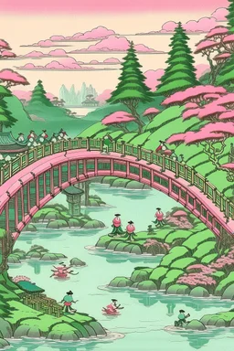 A light pink mystical candy bridge painted by Utagawa Hiroshige