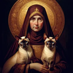 hauntingly illuminated medieval portrait of Saint Gertrude of Nivelles, her serene yet commanding presence radiating from the gilded frame as if stepping through time. Dressed in flowing 7th-century abbess robes of deep burgundy and gold, she cradles two sinuous Oriental Shorthair chocolate point Siamese cats like sacred relics—their piercing blue eyes glowing like sapphires against velvety sepia fur, their angular faces turned toward her with feline reverence. One paw rests on her embroidered s