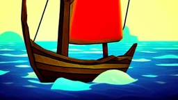 Small wooden ship, Legend Of Zelda: Wind Waker style, on a vast ocean, stylized, colorful, adventurous, no ships nor islands.