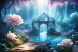 in a magical forest a magnificent crystal palace, pink and blue light, dancing light particles present everywhere, a small turquoise lake, a small waterfall, crystal flowers, crystal cluster, special lighting, a golden small bridge, rays of sun, in the foreground very small white peonies, daffodils, magical atmosphere, very good definition, many refined details