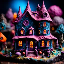 Detailed creepy house made of modeling clay, figures, naïve, Tim Burton, strong texture, extreme detail, Max Ernst, rich moody colors, sparkles, Yves Tanguy, bokeh, odd