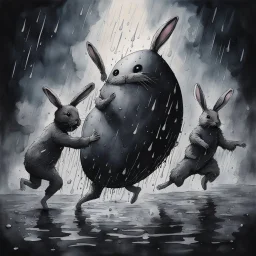 dark watercolor and ink illustration of soaking wet cultists in ill-fitting wet floppy-eared easter bunny onesie costumes dancing around a magical black egg that is throwing off a dark energy, swamp at midnight in a rainstorm, Dramatic, complex contrast, dynamic composition, sinister, complex contrast, dynamic composition, scary